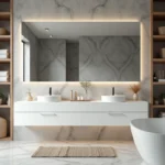 Plan 3D de salle de bain avec meuble vasque suspendu, étagères ouvertes et rangements intégrés dans un intérieur moderne