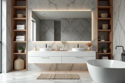 Plan 3D de salle de bain avec meuble vasque suspendu, étagères ouvertes et rangements intégrés dans un intérieur moderne