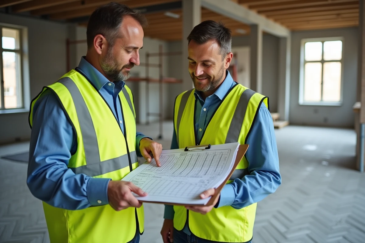 Carreleur et chef de chantier discutant du planning de pose de carrelage sur un chantier