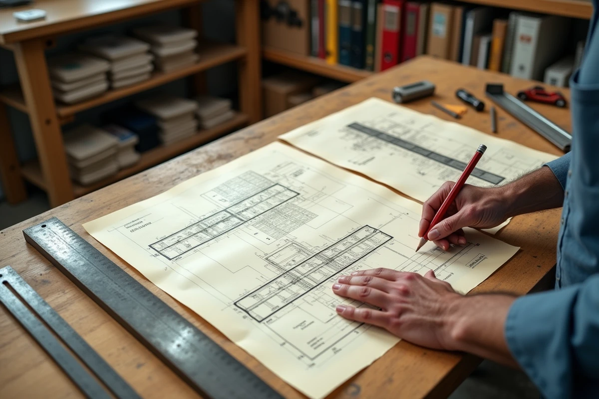 Plans techniques de calcul de portée pour poutre IPN posés sur un établi avec échantillon de profilé en acier et règle métallique