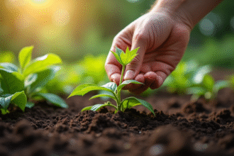 Main de jardinier plantant une passiflore saine dans un sol humide