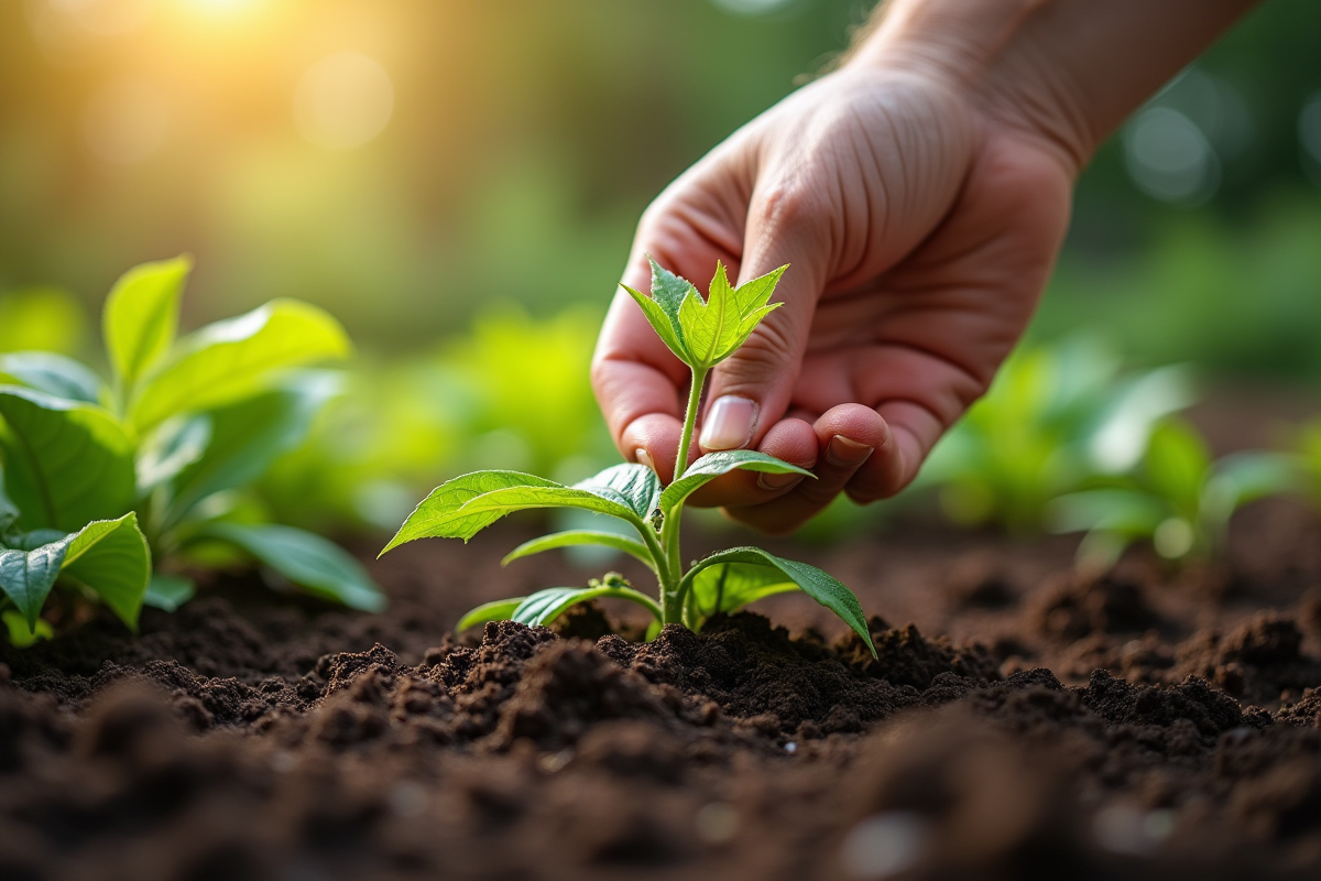 Main de jardinier plantant une passiflore saine dans un sol humide