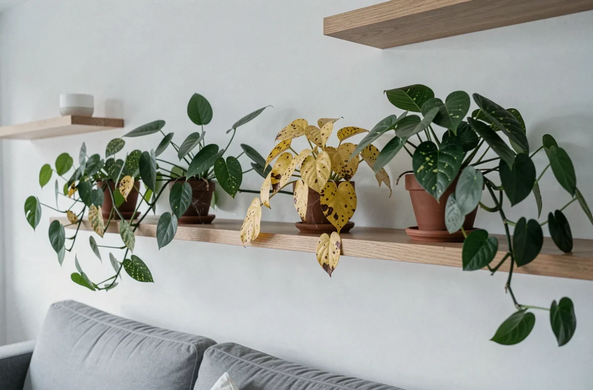 Plantes d'intérieur sur une étagère en bois présentant des dégâts caractéristiques d'une infestation d'acariens rouges