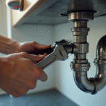 Mains de plombier utilisant une clé pour serrer un tuyau brillant