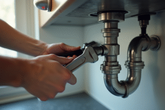 Mains de plombier utilisant une clé pour serrer un tuyau brillant