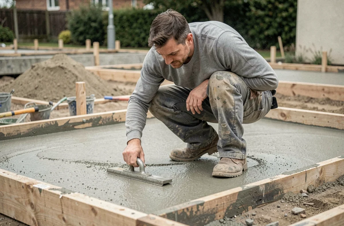 Maçon en train de lisser un sol en béton brut extérieur fraîchement coulé avec une taloche en acier sur un chantier de terrasse