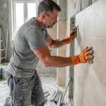 Carreleur professionnel en train de poser du carrelage mural dans une salle de bain en rénovation