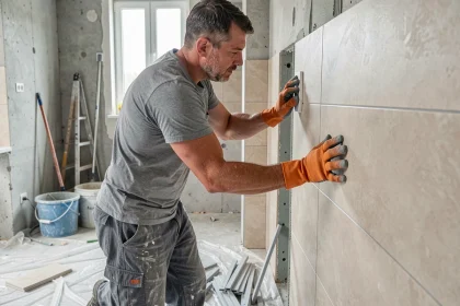 Carreleur professionnel en train de poser du carrelage mural dans une salle de bain en rénovation