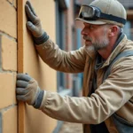 Ouvrier posant une plaque d'isolation thermique sur un mur extérieur en brique lors d'une rénovation en 2026