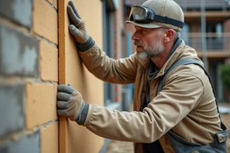 Ouvrier posant une plaque d'isolation thermique sur un mur extérieur en brique lors d'une rénovation en 2026