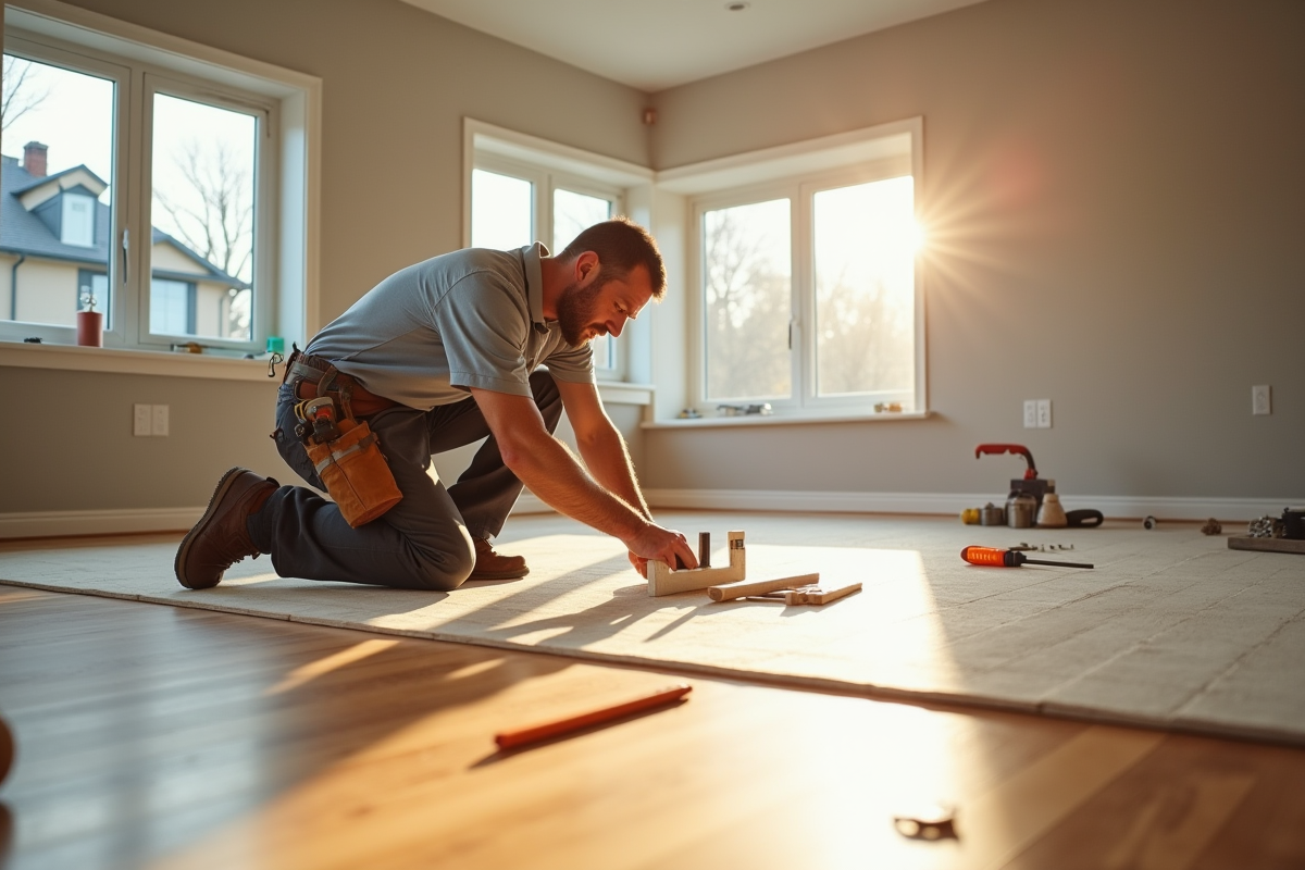 Ouvrier pose du parquet dans un salon lumineux en rénovation