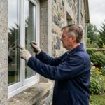 Poseur de fenêtres professionnel mesurant un cadre de fenêtre en double vitrage sur une maison en pierre bretonne dans le Morbihan