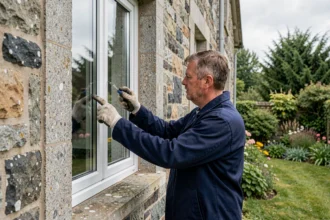 Poseur de fenêtres professionnel mesurant un cadre de fenêtre en double vitrage sur une maison en pierre bretonne dans le Morbihan