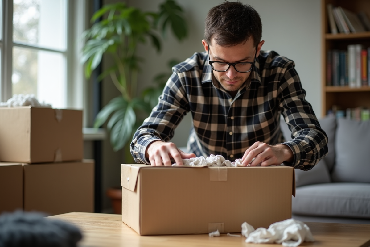 Homme préparant un colis avec du papier kraft et tissu