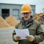 Professionnel du bâtiment consultant une fiche technique de sable dans un négoce matériaux avec des stocks de granulats en arrière-plan
