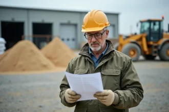 Professionnel du bâtiment consultant une fiche technique de sable dans un négoce matériaux avec des stocks de granulats en arrière-plan