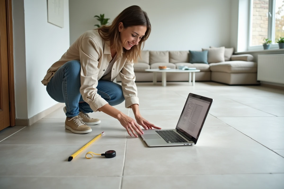 Propriétaire inspectant la qualité de pose de grands carreaux en porcelaine dans un salon rénové, avec ordinateur portable et mètre ruban