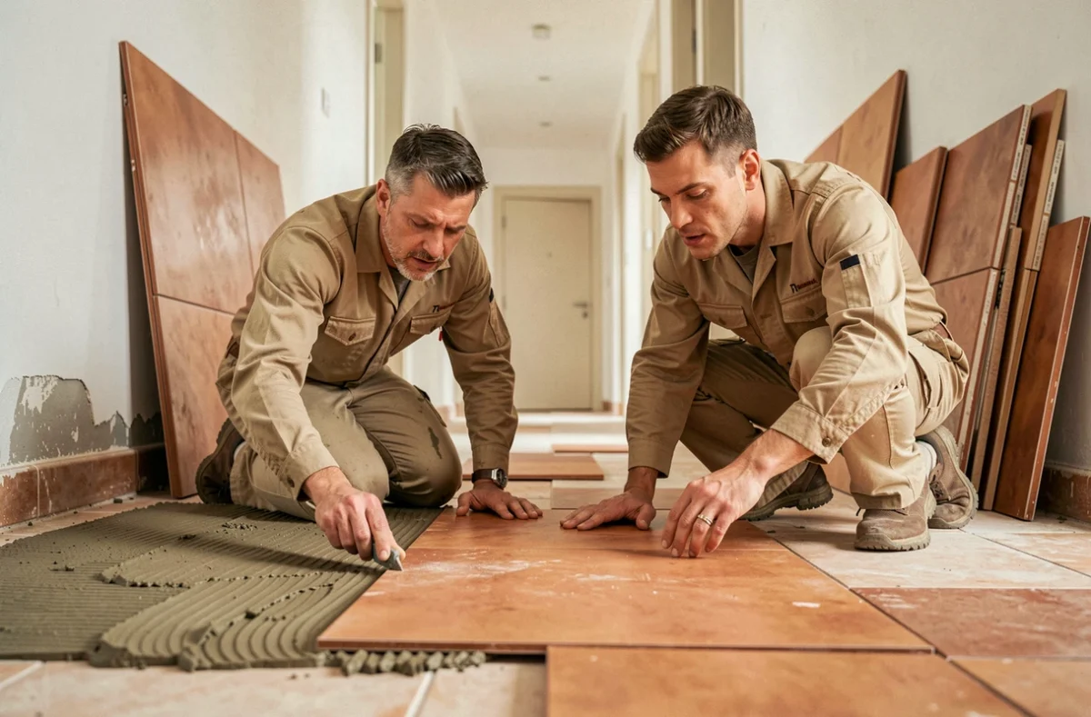 Équipe de carreleurs R2F posant un carrelage effet terre cuite dans un couloir résidentiel en cours de rénovation
