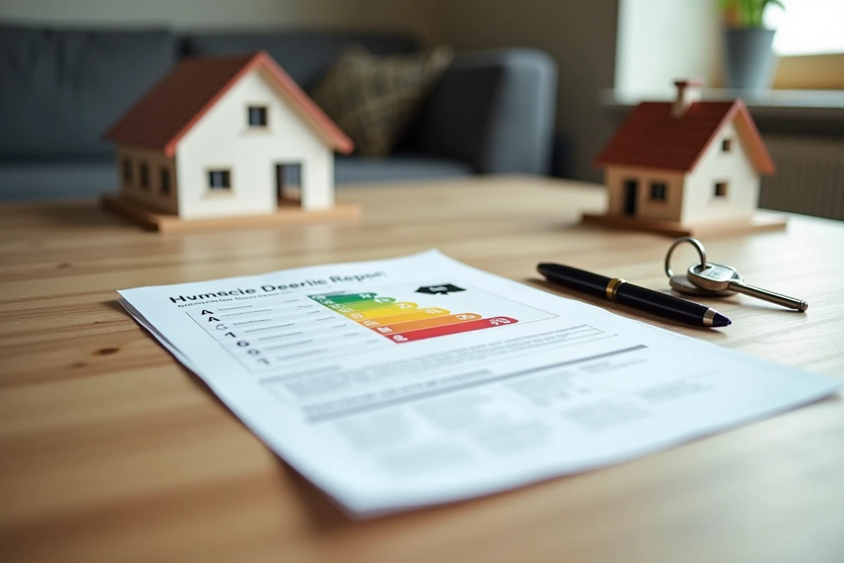Rapport de diagnostic de performance énergétique DPE posé sur une table avec clés de maison pour une vente immobilière