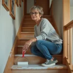 Femme appliquant de la peinture sur un escalier en bois