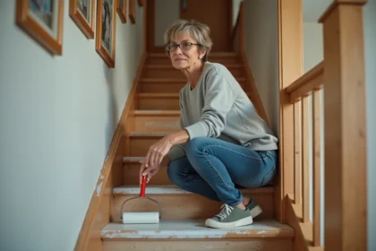 Femme appliquant de la peinture sur un escalier en bois