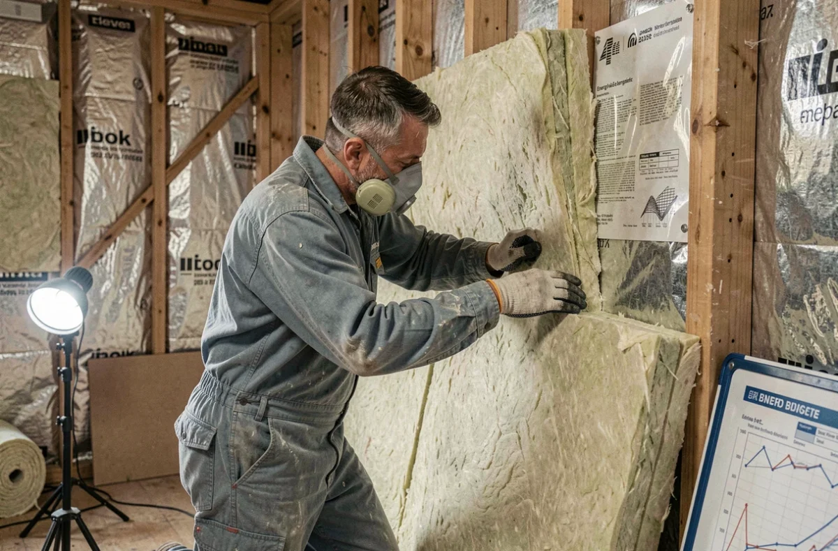 Technicien installant des panneaux d'isolation thermique dans une maison pour un chantier de rénovation énergétique Rénov'Habitat Confort dans le Puy-de-Dôme