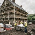 Vue générale d'une maison en pierre auvergnate en cours de rénovation avec des ouvriers et des échafaudages dans le Puy-de-Dôme