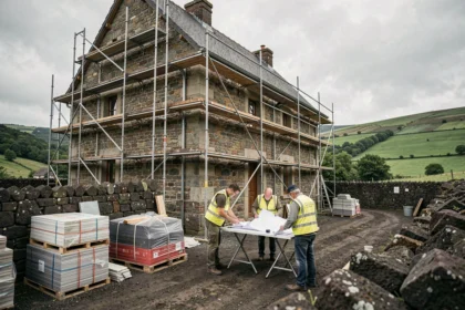 Vue générale d'une maison en pierre auvergnate en cours de rénovation avec des ouvriers et des échafaudages dans le Puy-de-Dôme