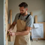 Homme réalisant des travaux de rénovation intérieure en mesurant un panneau de bois dans une pièce en cours de transformation