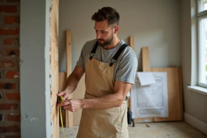 Homme réalisant des travaux de rénovation intérieure en mesurant un panneau de bois dans une pièce en cours de transformation