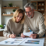 Couple examine des échantillons de couleurs dans une cuisine moderne