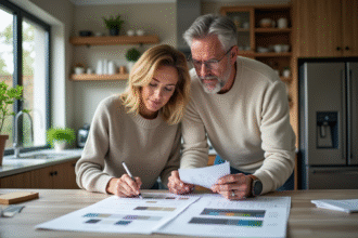 Couple examine des échantillons de couleurs dans une cuisine moderne