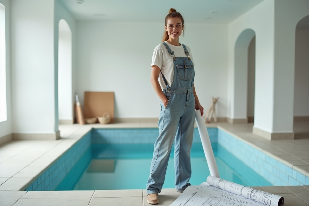 Jeune femme en overalls rénovant une piscine intérieure