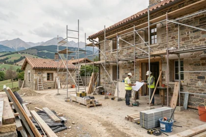 Chantier de rénovation dans les Pyrénées-Orientales avec maison en pierre et échafaudage