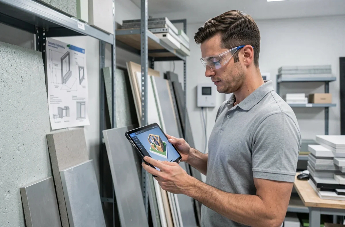 Technicien de RENOVIMOTECH utilisant une tablette numérique pour planifier une rénovation moderne