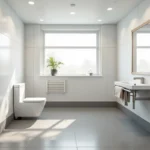 Salle de bain PMR spacieuse avec douche à l'italienne, barres d'appui et espace de manœuvre pour fauteuil roulant