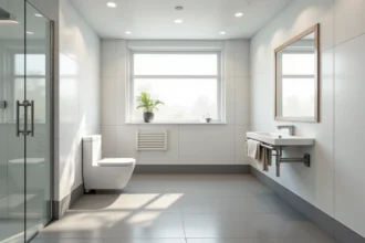 Salle de bain PMR spacieuse avec douche à l'italienne, barres d'appui et espace de manœuvre pour fauteuil roulant