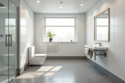 Salle de bain PMR spacieuse avec douche à l'italienne, barres d'appui et espace de manœuvre pour fauteuil roulant