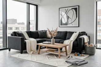 Salon familial décoré en noir gris blanc avec canapé en lin gris anthracite, coussins blancs et panier rangement jouets