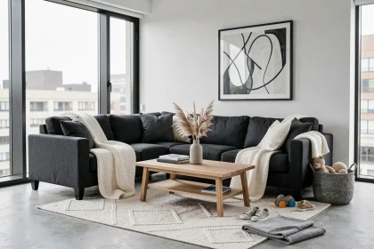 Salon familial décoré en noir gris blanc avec canapé en lin gris anthracite, coussins blancs et panier rangement jouets