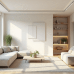 Salon moderne lumineux avec grandes fenêtres et mobilier minimaliste