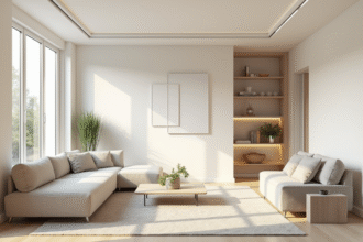 Salon moderne lumineux avec grandes fenêtres et mobilier minimaliste