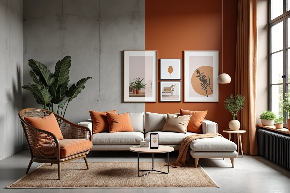 Salon moderne montrant une transformation décorative avec une application de design d'intérieur affichée sur smartphone