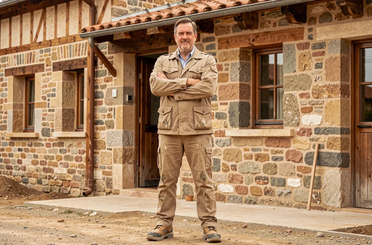 Chef d'entreprise de la Sarl Banet devant un bâtiment en pierre traditionnel rénové