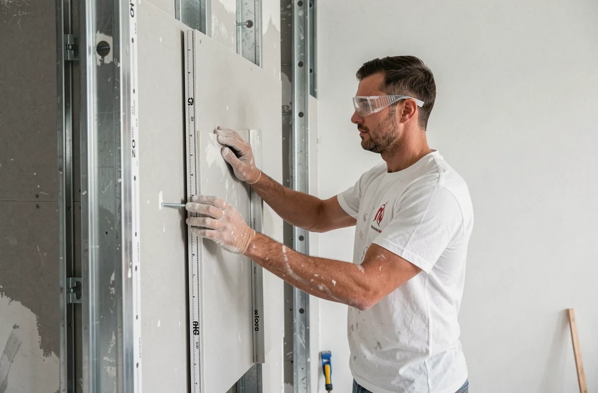 Plaquiste de la Sarl Le Plaquiste posant des plaques de plâtre dans un chantier de rénovation intérieure