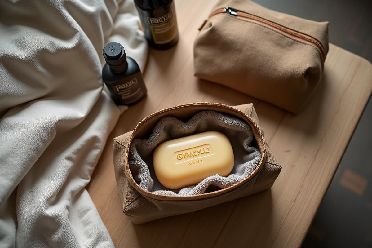 Savon fiel de bœuf dans une trousse de voyage compacte posée sur un lit d'auberge avec accessoires de lavage
