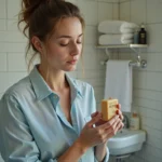Femme appliquant un savon fiel de bœuf sur une tache de vêtement dans une salle de bain d'hôtel lors d'un voyage