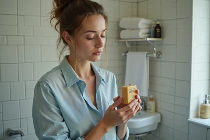 Femme appliquant un savon fiel de bœuf sur une tache de vêtement dans une salle de bain d'hôtel lors d'un voyage