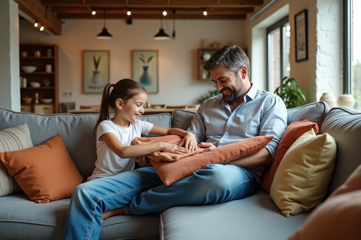 Père jouant avec sa fille sur un canapé moderne en lumière naturelle