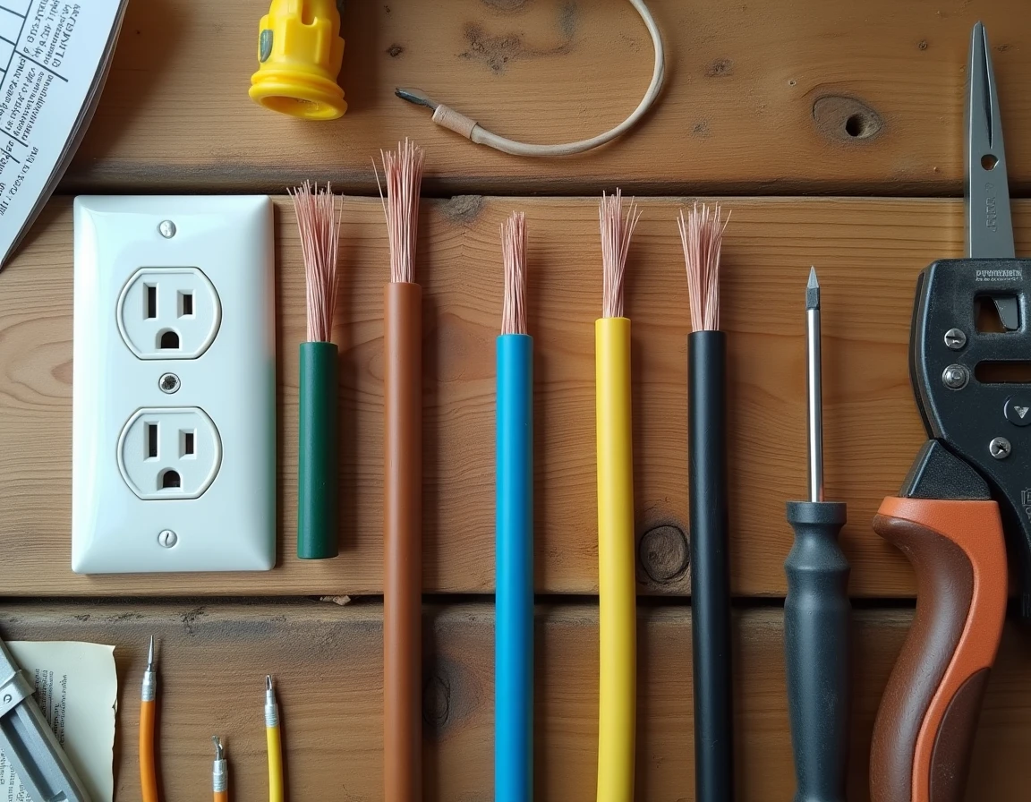 Vue à plat des trois fils électriques colorés avec une prise et des outils sur un établi en bois pour un branchement électrique